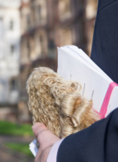 Person in legal gown holding papers and wig